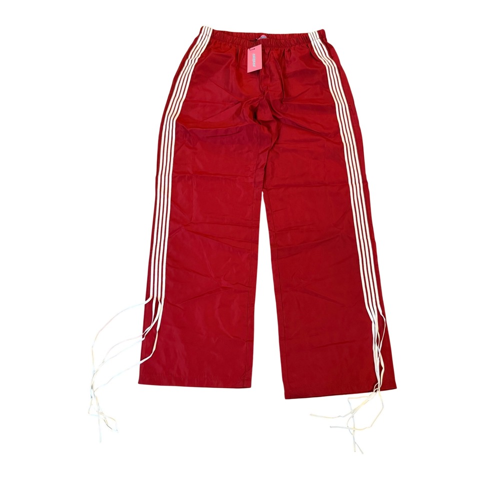 Edikted Remy Bow Ribbon Wide Leg Track Pants Red White Side Stripe Size L NWT